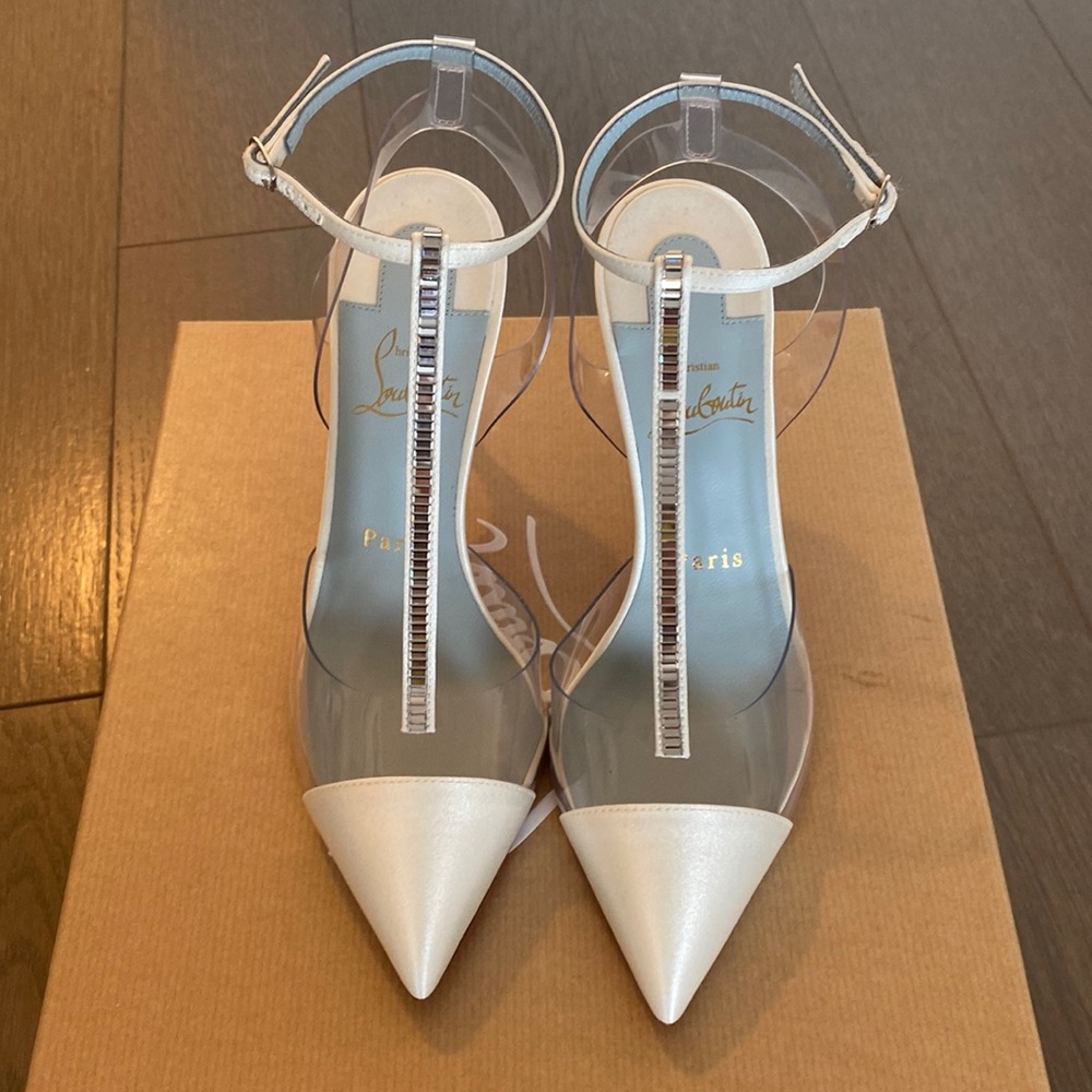 Christian Louboutin Nosy Strass 85mm white satin heels with blue lining